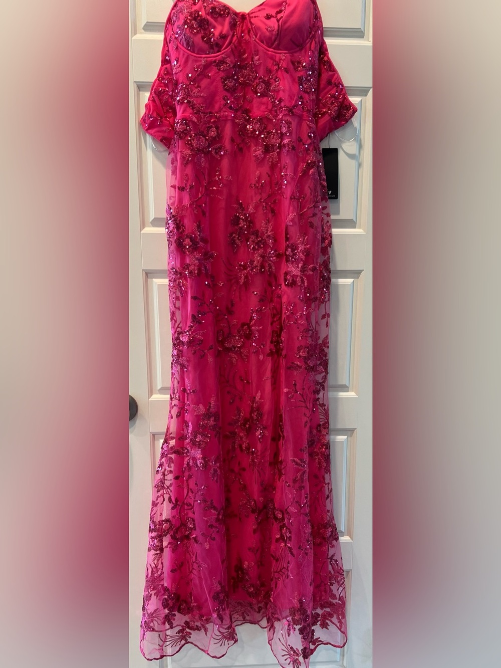 Lulu's Hot Pink Strapless Floral Sequin Prom Gown - Picture 3 of 5